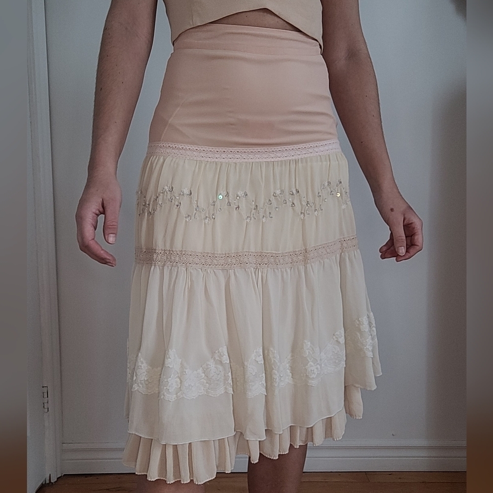 KENZIE BOHO 100%SILK VICTORIAN PRAIRIE PLEATED SLIP CROCHET LACE TRIM MIDI SKIRT